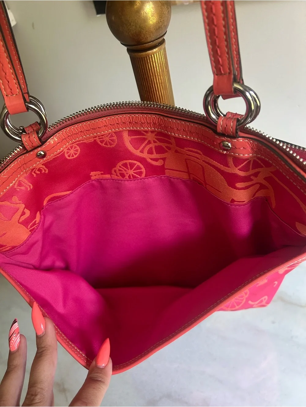 Coach Poppy Pink Op Art Horse & Carriage Jacquard Tote Shoulder Bag Coral